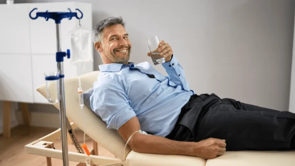 Man in a blue shirt lying down while receiving IV Therapy and having a glass in his hand